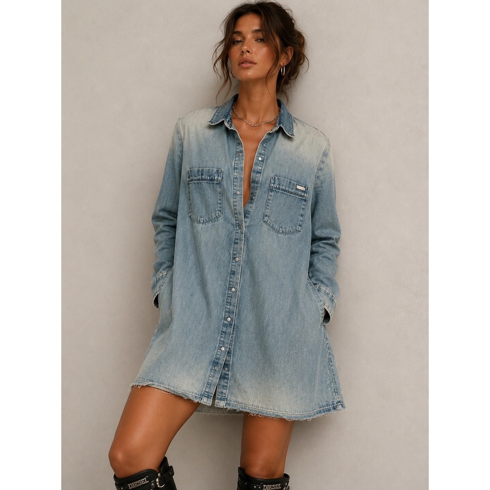 Diesel Shirt Dress Women S Light Blue Denim DE-EVA-A KALE Frayed Hem Long Sleeve